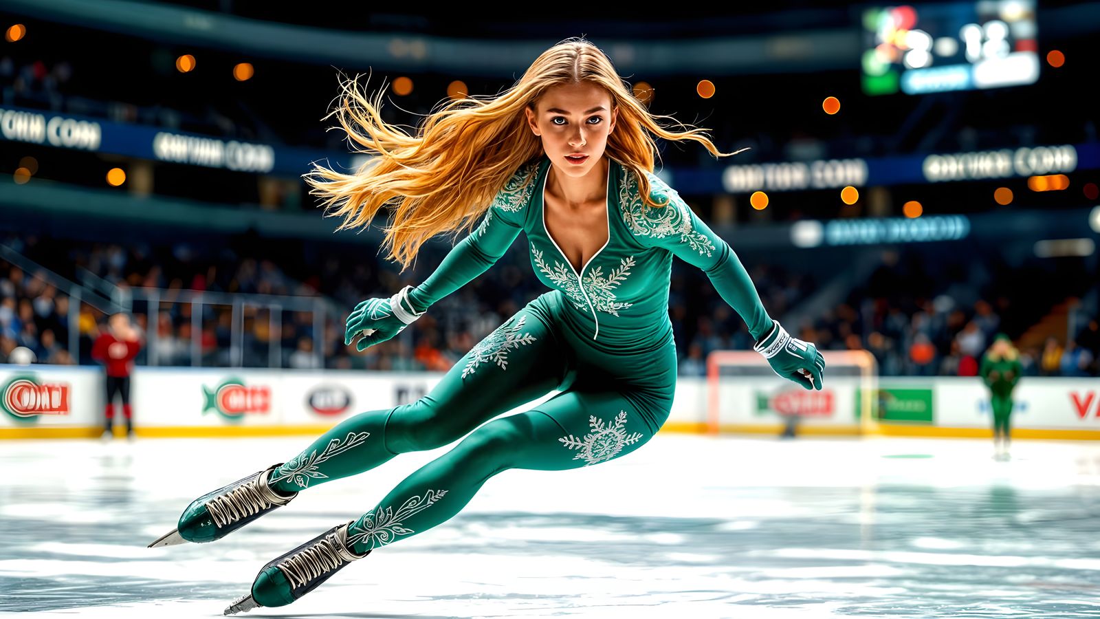 Elegant Ice Skater in Action, Photorealistic Hockey Arena Sc...