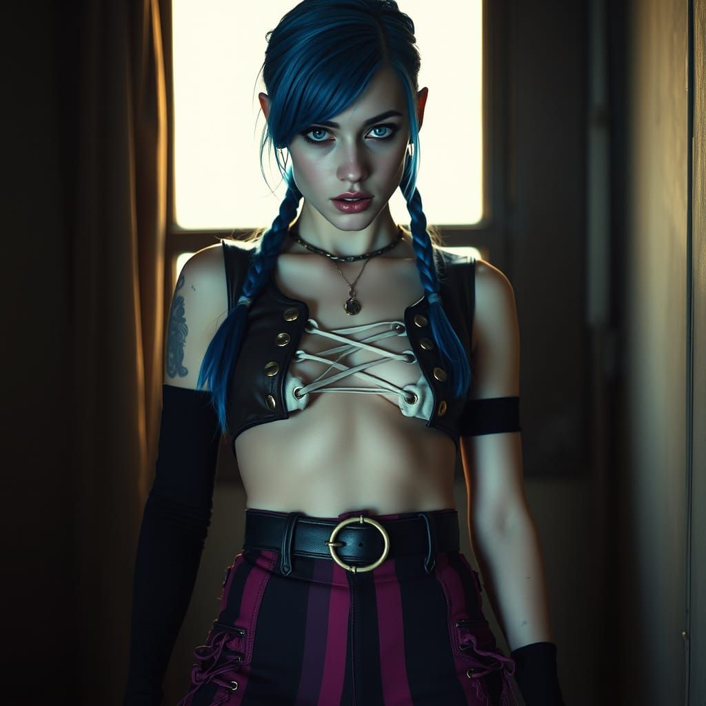 Gothic Cyberpunk Woman with Bright Blue Hair and Piercings