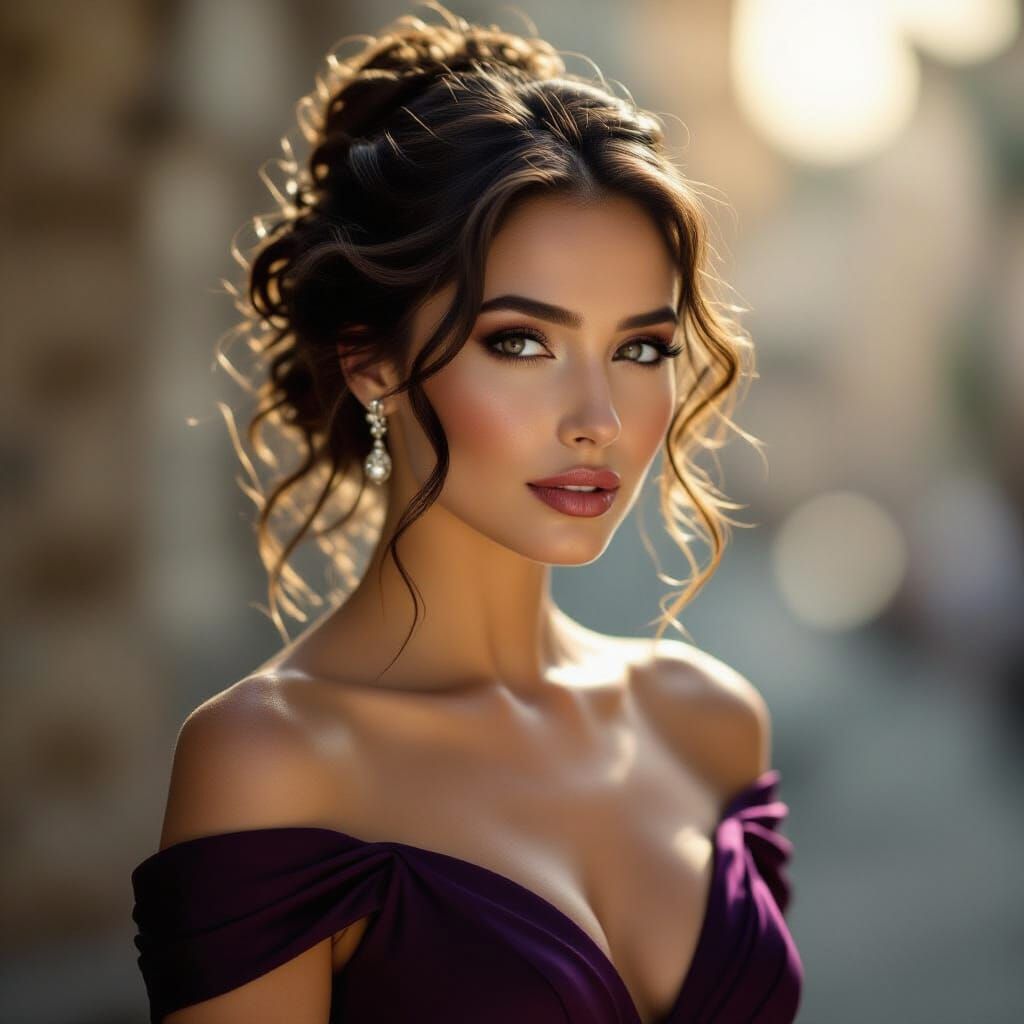 Woman in Deep Plum Dress with Elegant Bun