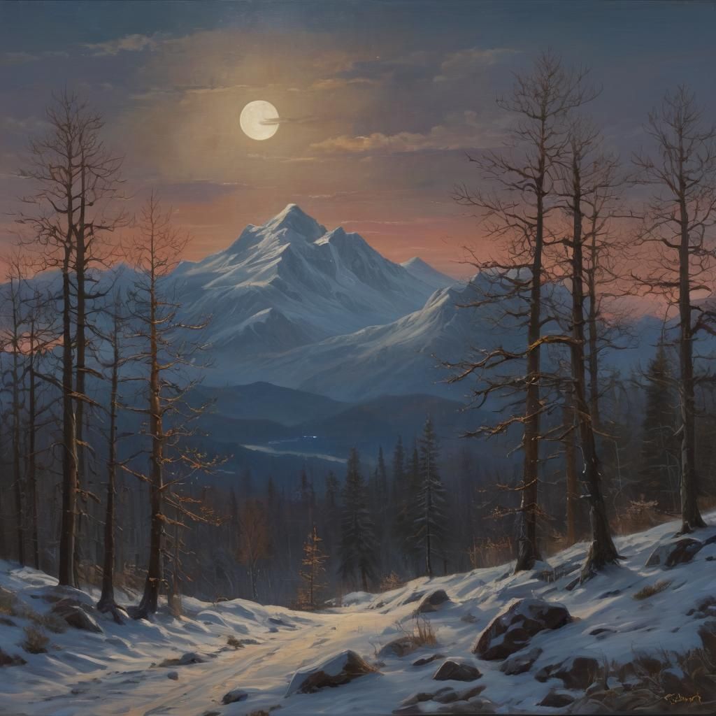 Dramatic Moonlit Mountain Landscape in Oil Painting Style