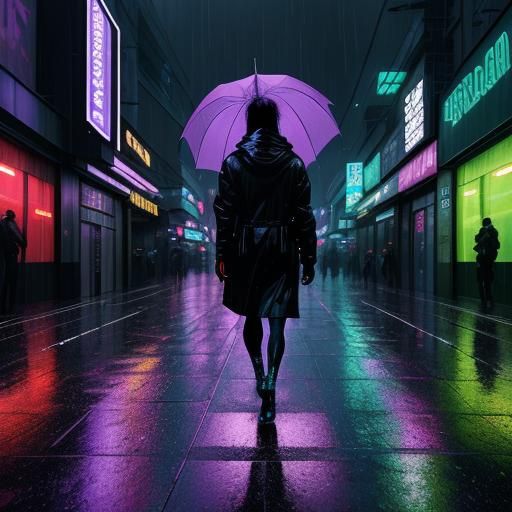 Cyberpunk Cityscape with Neon Reflections in Heavy Rain
