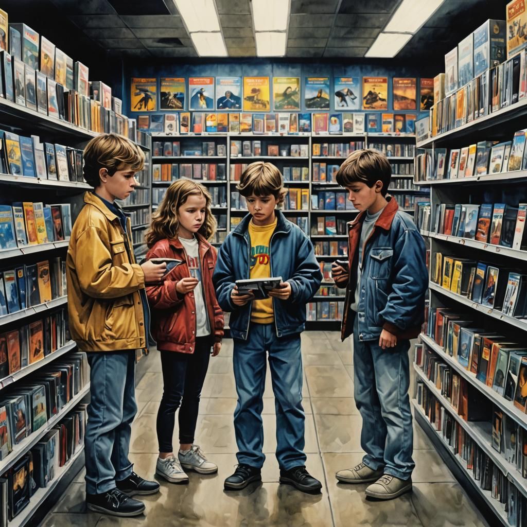 1980s at blockbuster video store choosing a film to watch