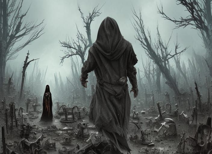 Hooded Figure in Wasteland Boneyard: Watercolor Art