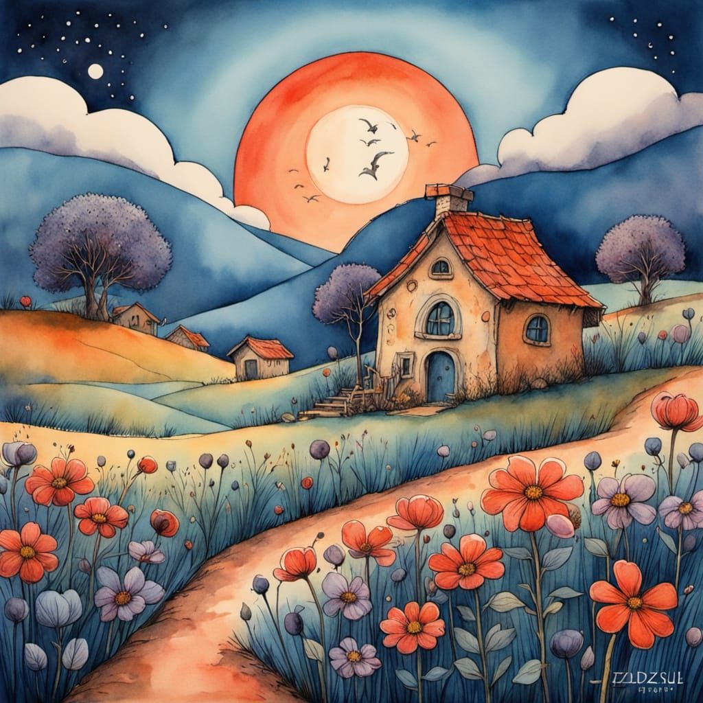 Surreal Moonlit Meadow with Spring Blossoms in Watercolor