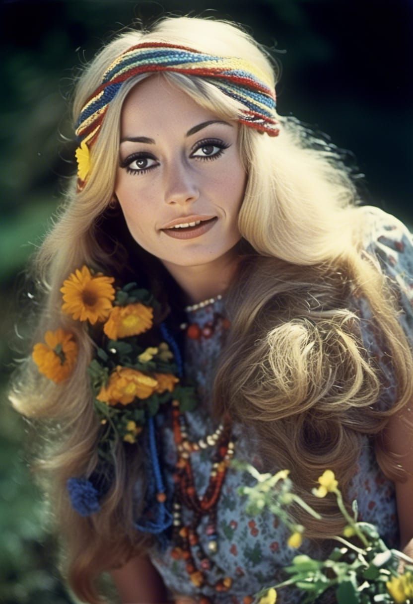 Vintage Portrait of Woman with Flowers, 1970s Style