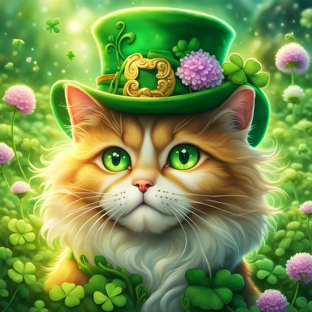 Cute Leprechaun Cat in Magic Garden