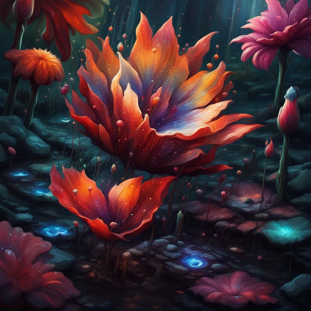 Cat Under Dewy Flower, Detailed Digital Art