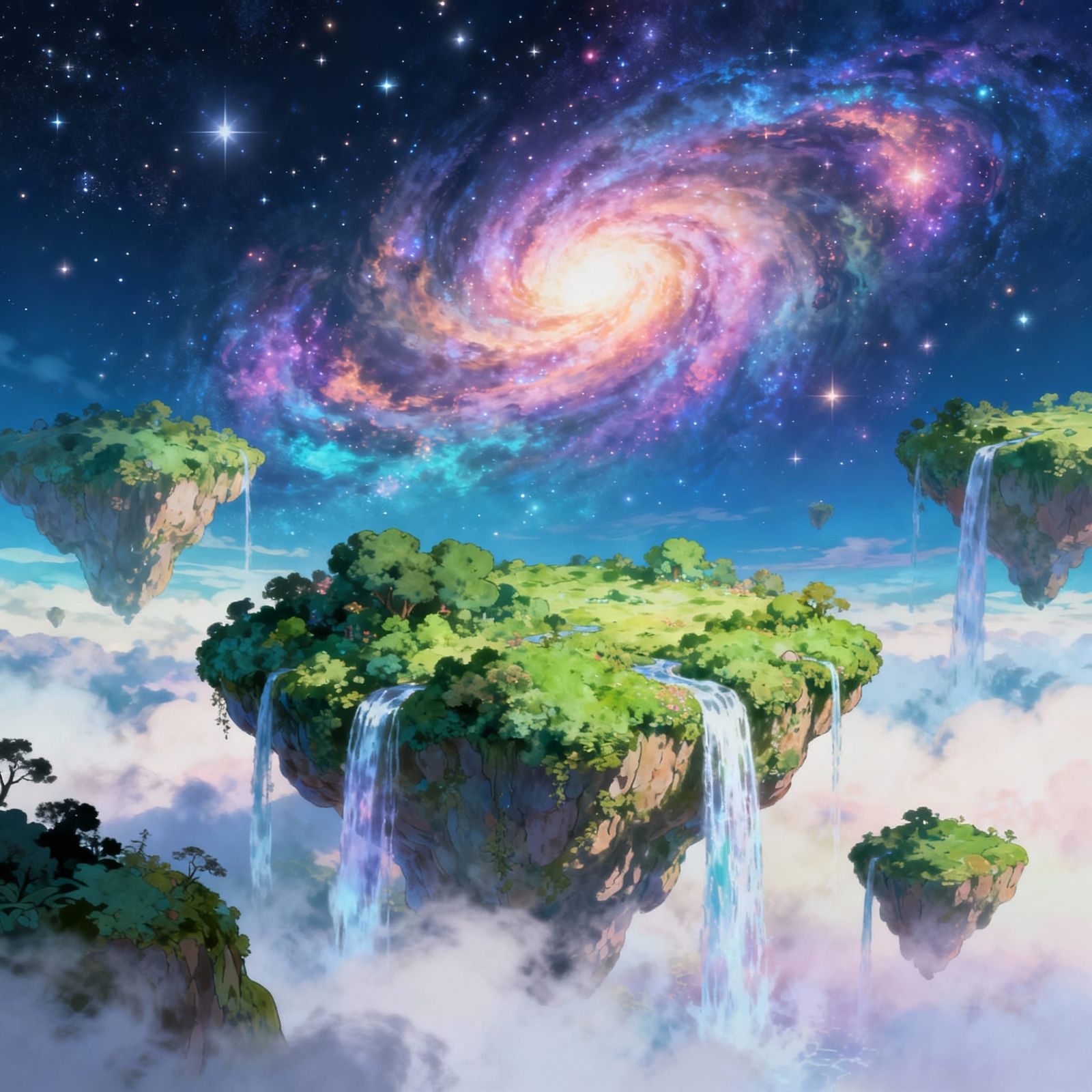 Floating Islands Amidst Nebula Sky with Cascading Waterfalls