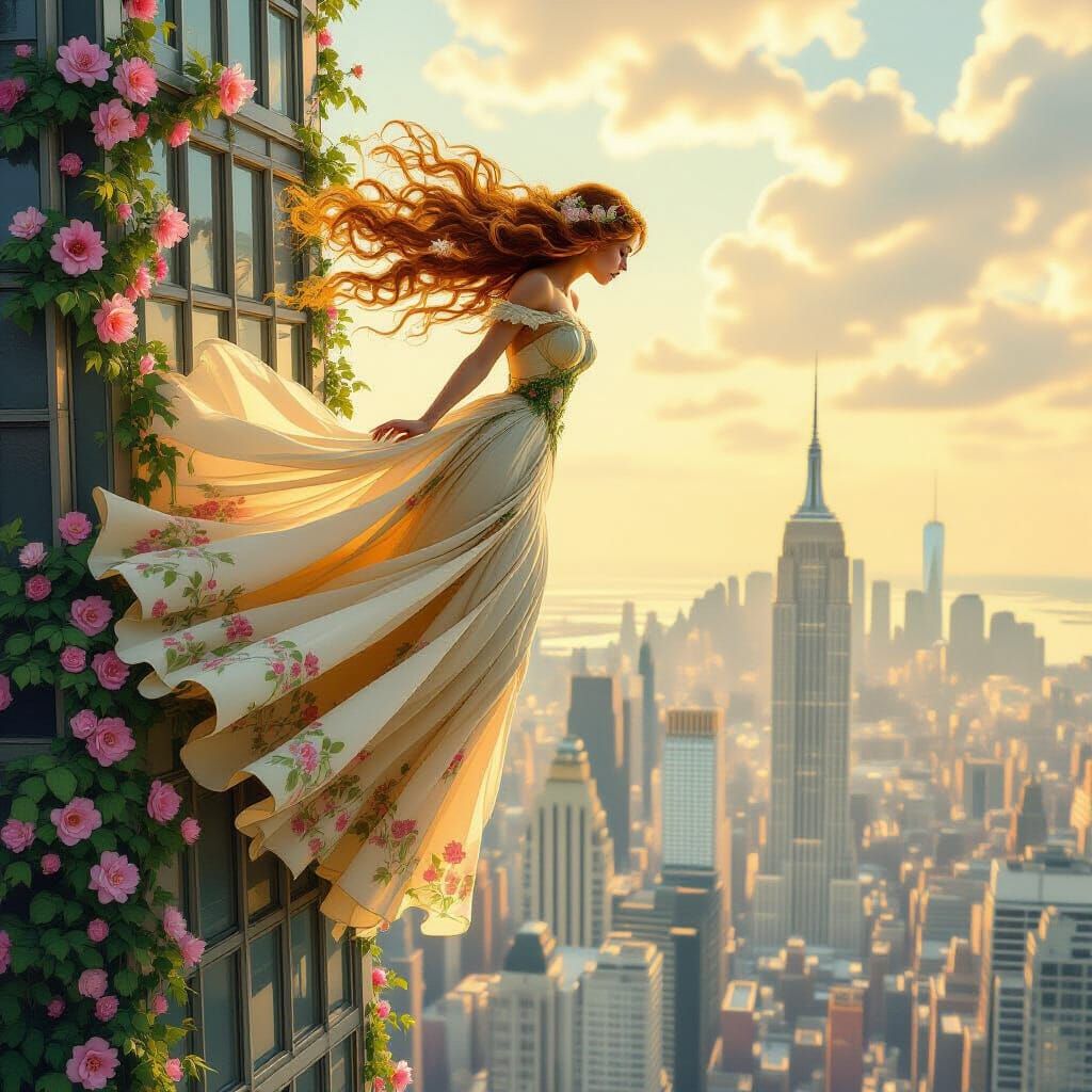 Giantess on Skyscraper Edge in Art Nouveau Style