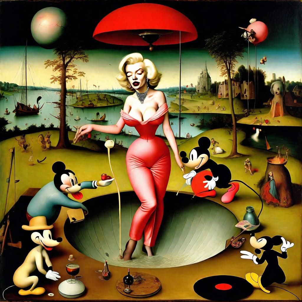 Surreal Bosch-Style Scene with Marilyn and Mickey
