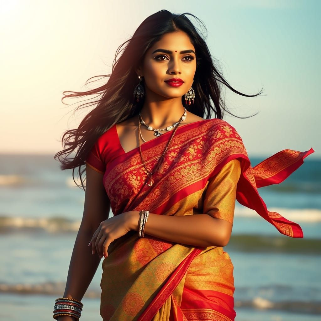 Serene Indian Woman on a Sunny Beach in Vibrant Sari