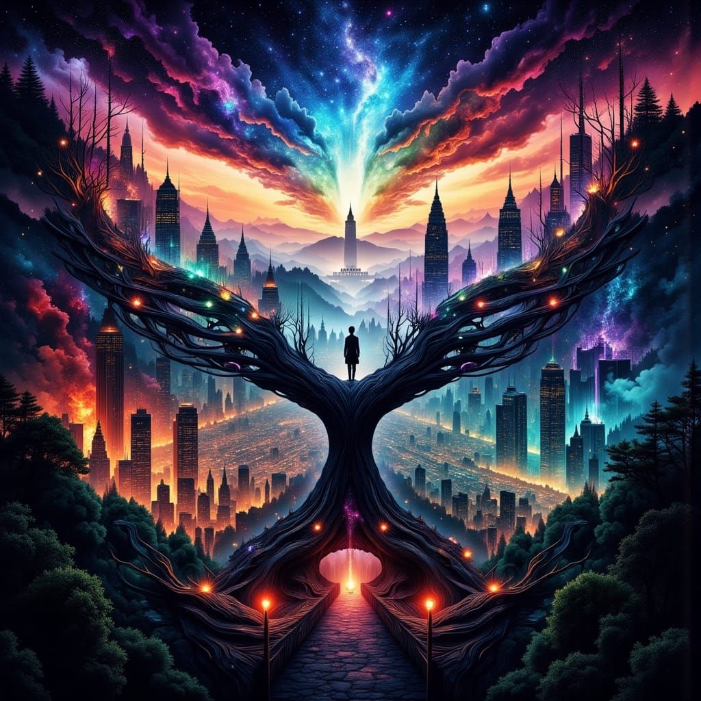 Cosmic Balance of Fates in Neon Dreamscape