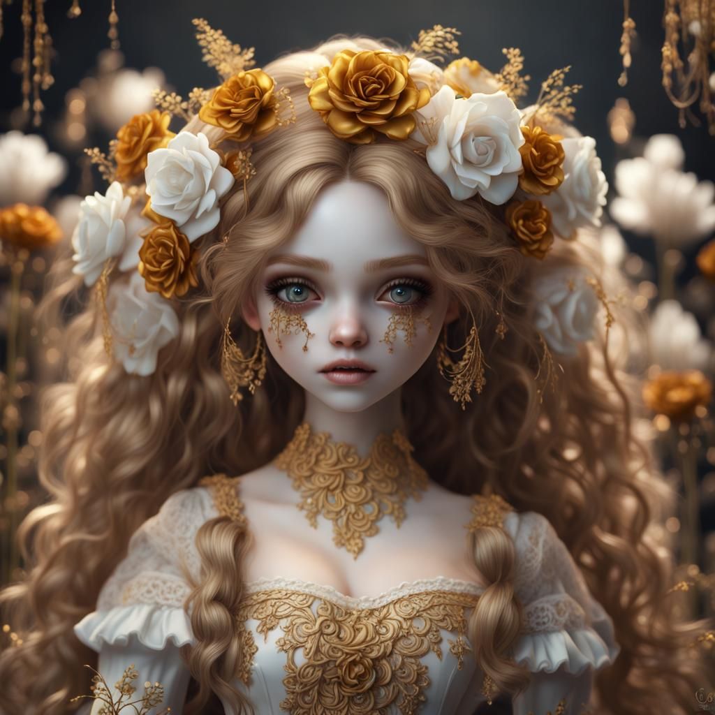 Porcelain Doll with Golden Hair and Flowers