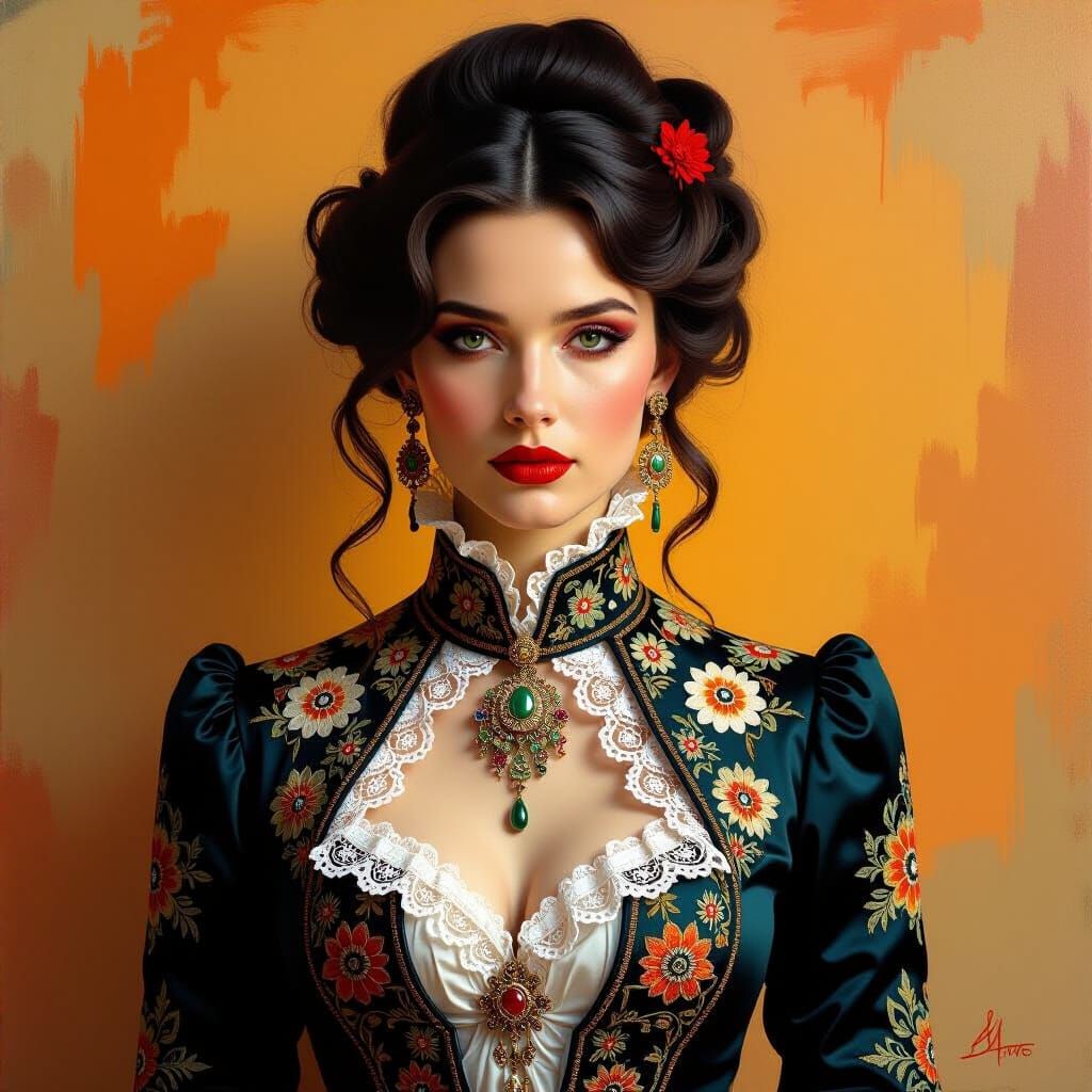 Ornate Woman's Portrait in Hyperrealistic Oil Painting Style