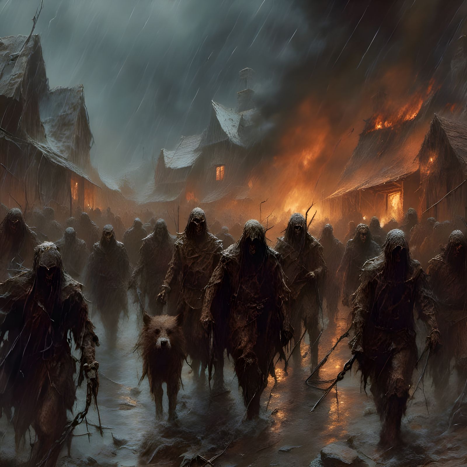 Medieval Warriors Lead Prisoners from Burning Village
