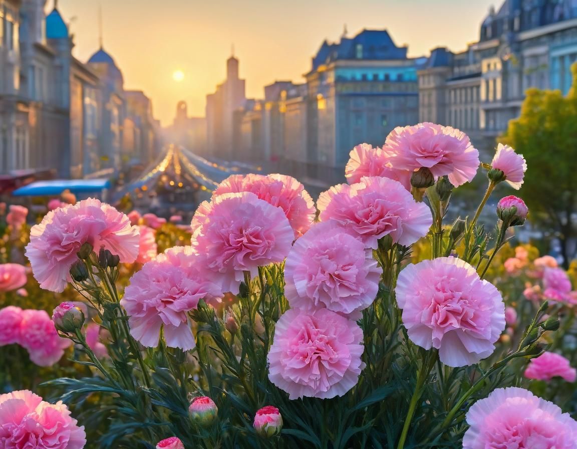 Pink Carnations with Cityscape Background, Art Nouveau Style