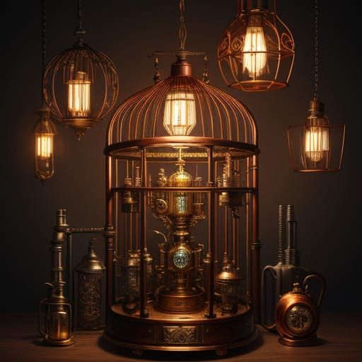 Steampunk Birdcage With Mechanical Hummingbird