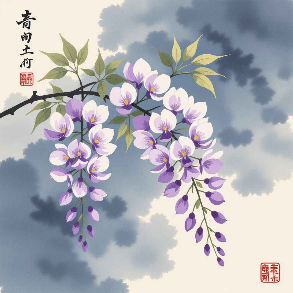 Wisteria Blossom Branch in Japanese Aesthetic