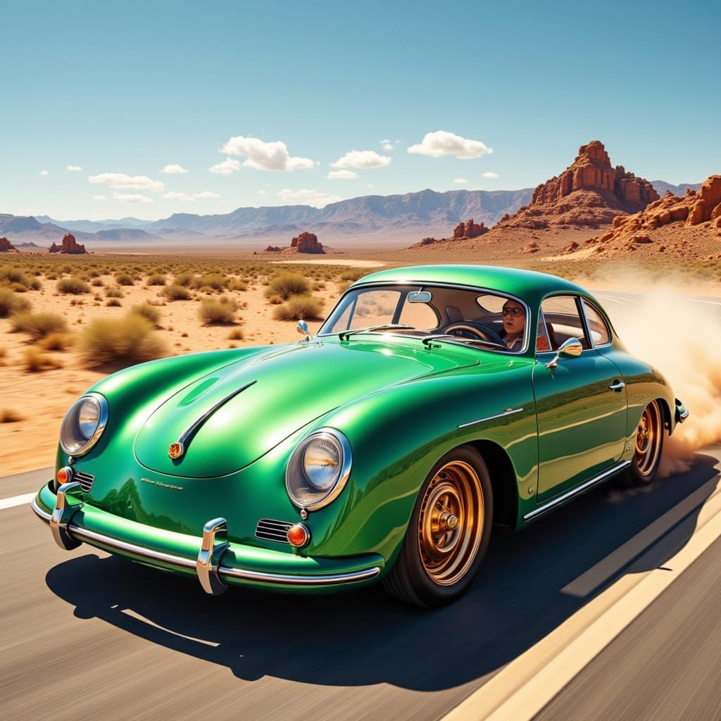 1959 Porsche Speeding Down Desert Highway