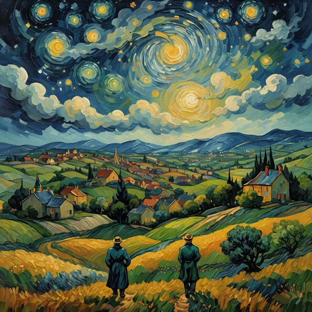 Starry Night Homage in Post-Impressionist Style