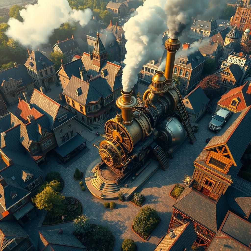 Steampunk Engine in Small Town America, Miyazaki Style