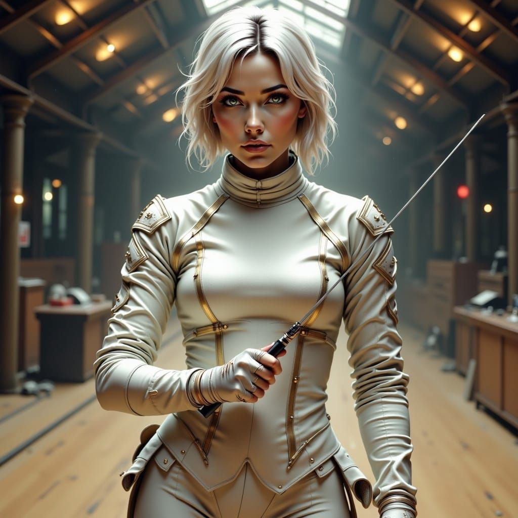Elegant Female Fencer in Ready Stance