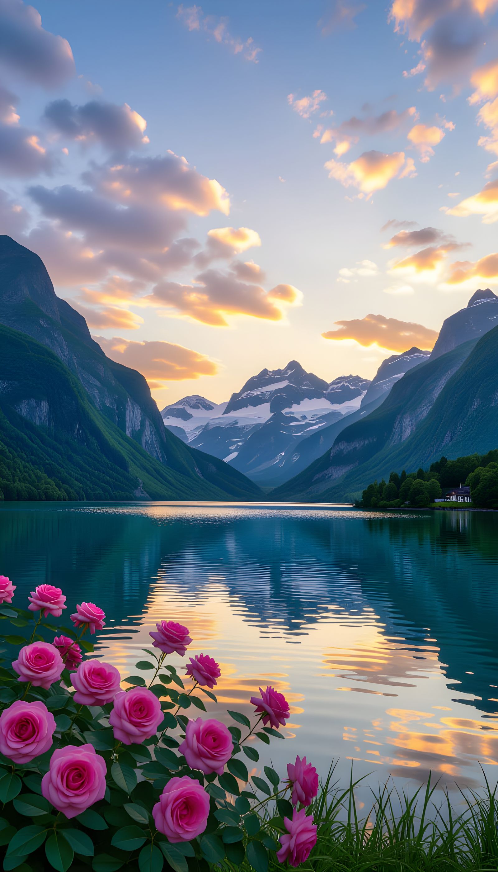 Picturesque Lake Landscape with Sunset and Roses
