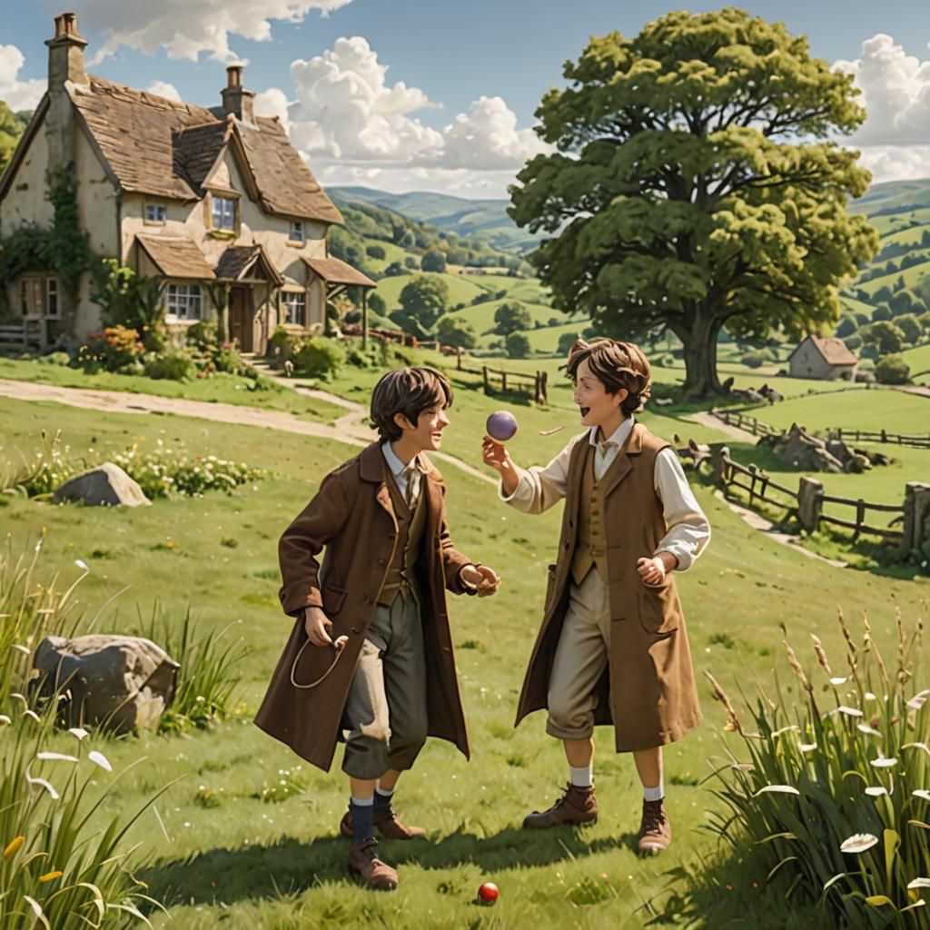 Whimsical Countryside Scene with Victorian Woman