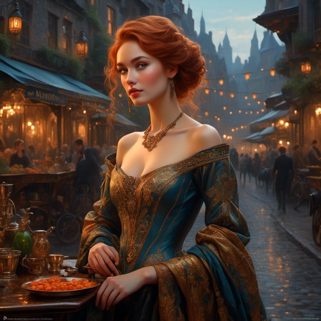 Copper Haired Beauty in Gaslit Market, Fantasy Art