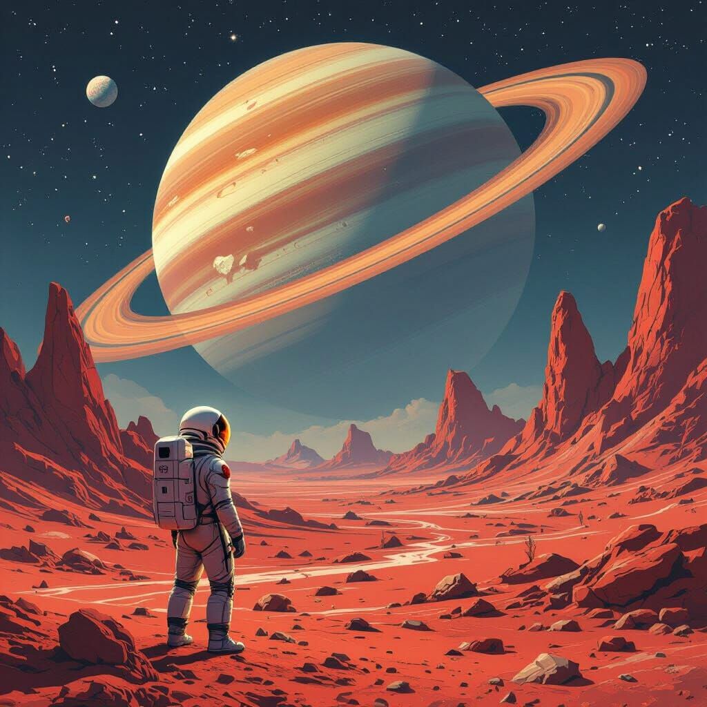 Astronaut Gazes At Ringed Planet From Alien World