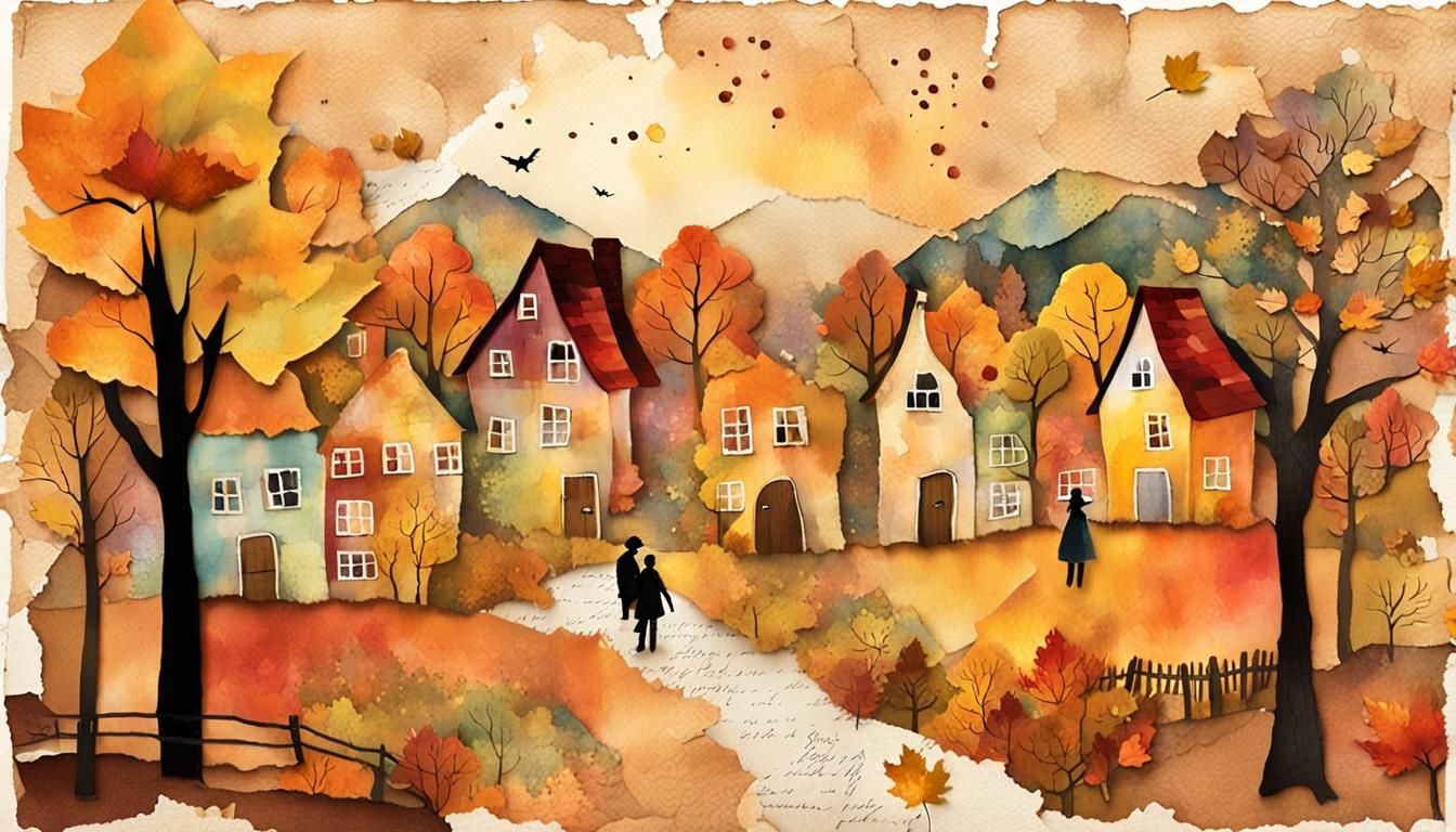 Autumn Village in Whimsical Scrapbook Collage