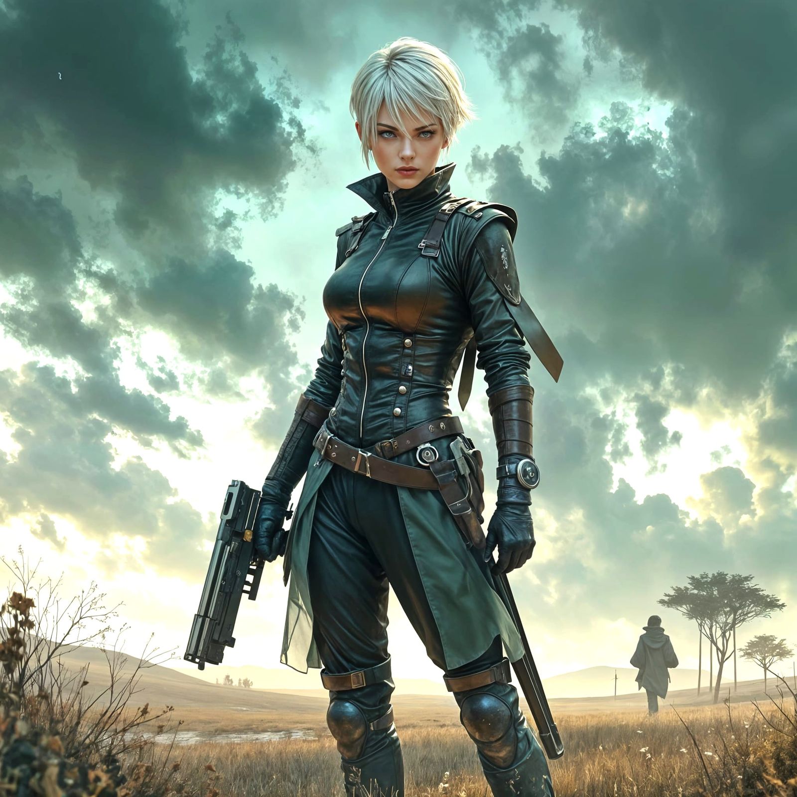 Athletic Warrior on Windswept Plain in Anime Style