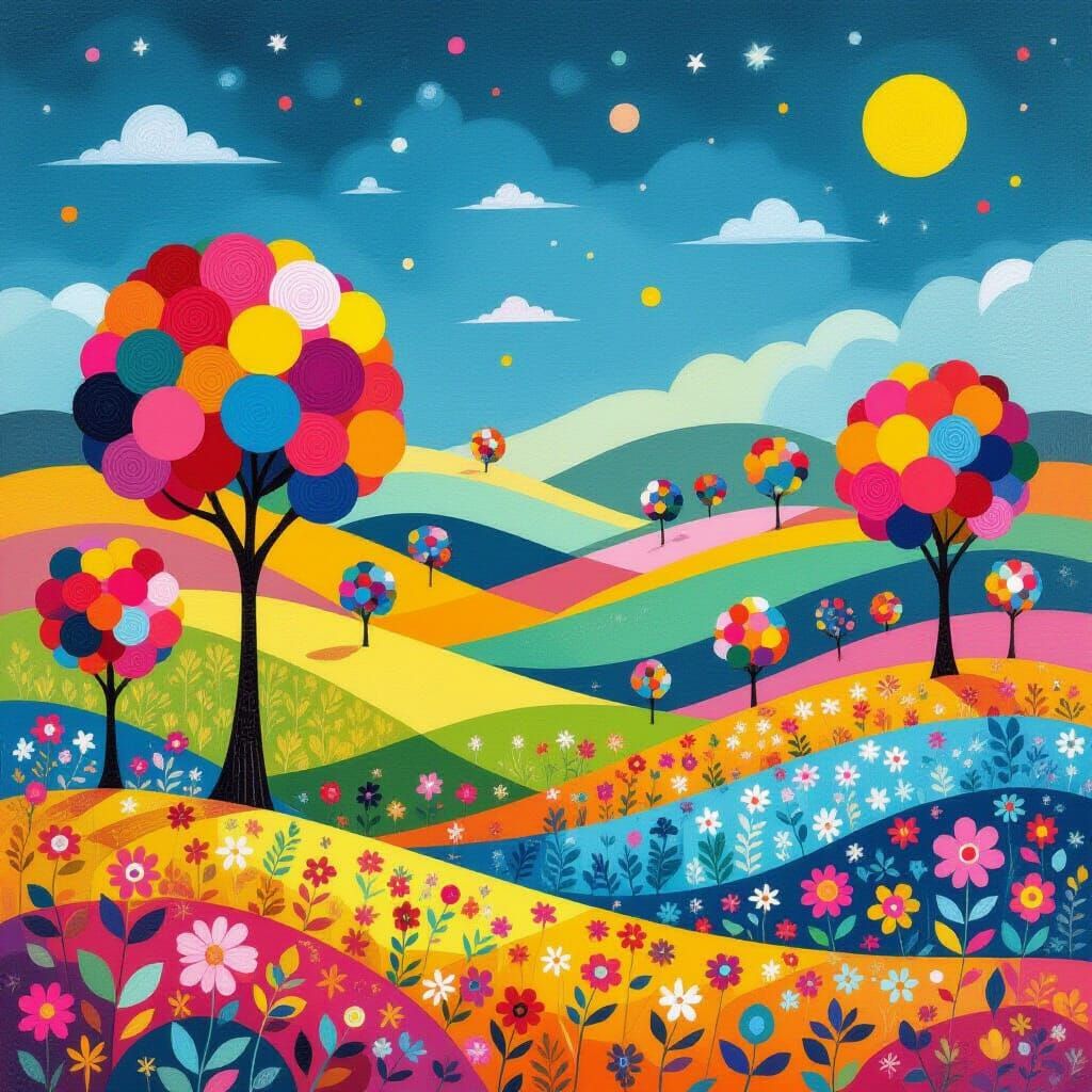 Dreamy Pom-Pom Landscape with Fantastical Trees