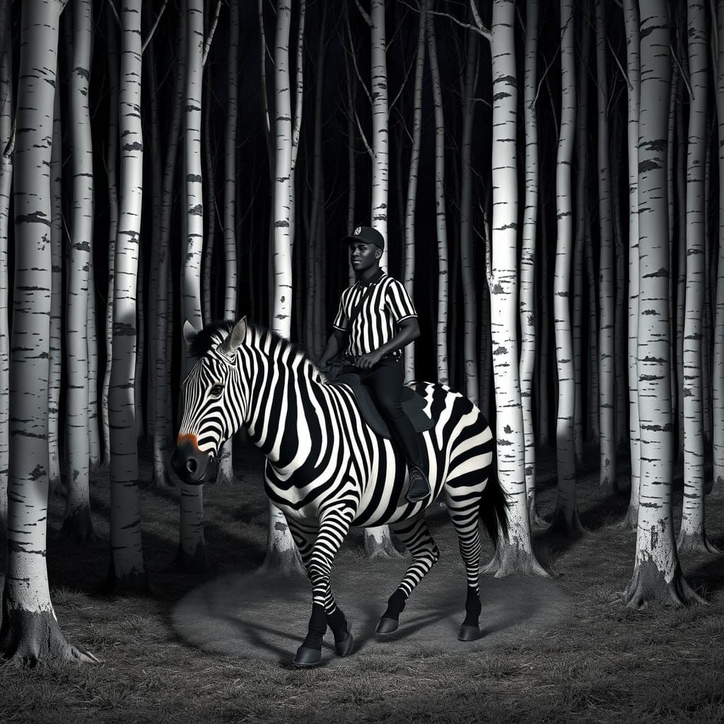 Black Referee Rides Zebra Through Vertical Birch Tree Forest...