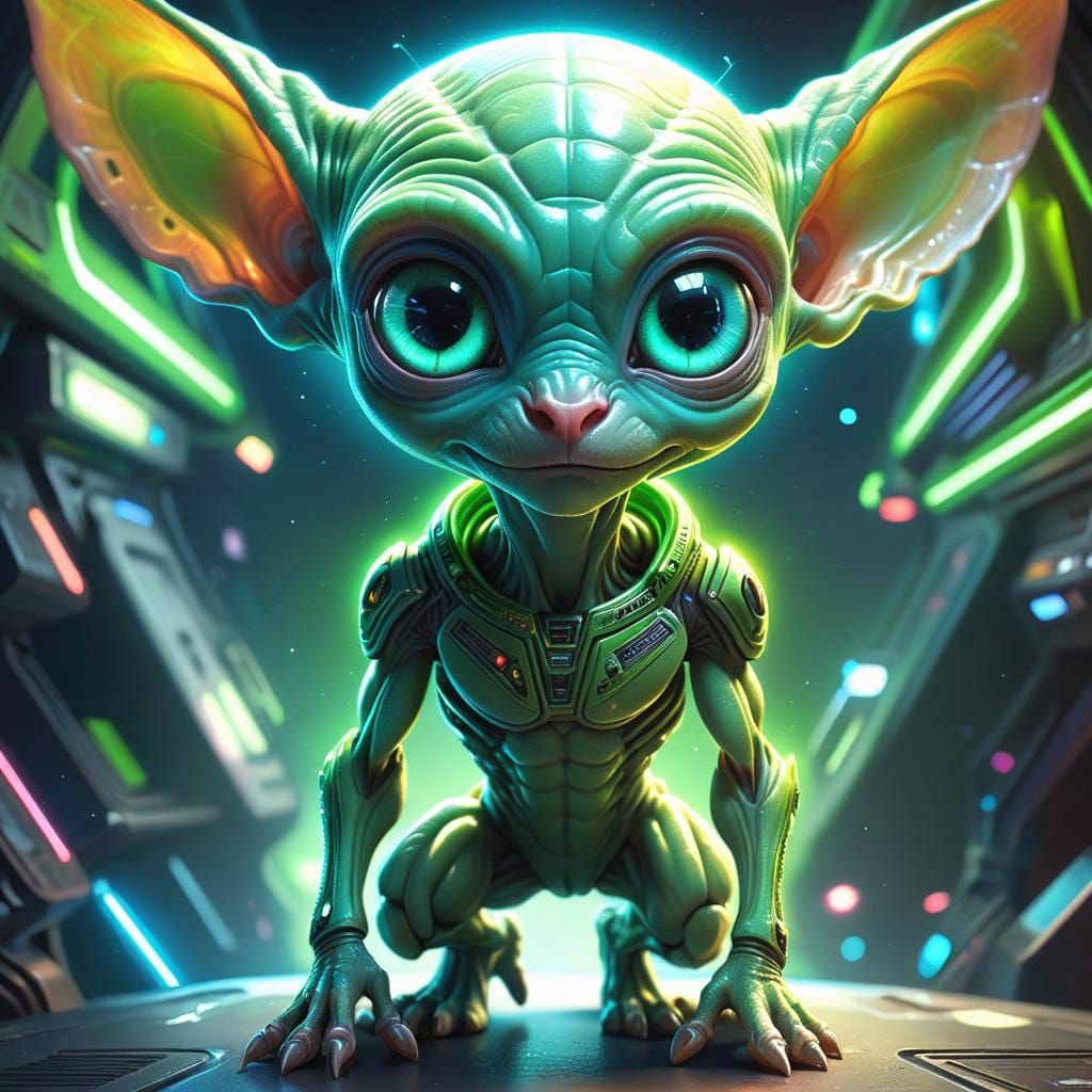 Cute Green Alien in Spaceship, 3D Digital Art