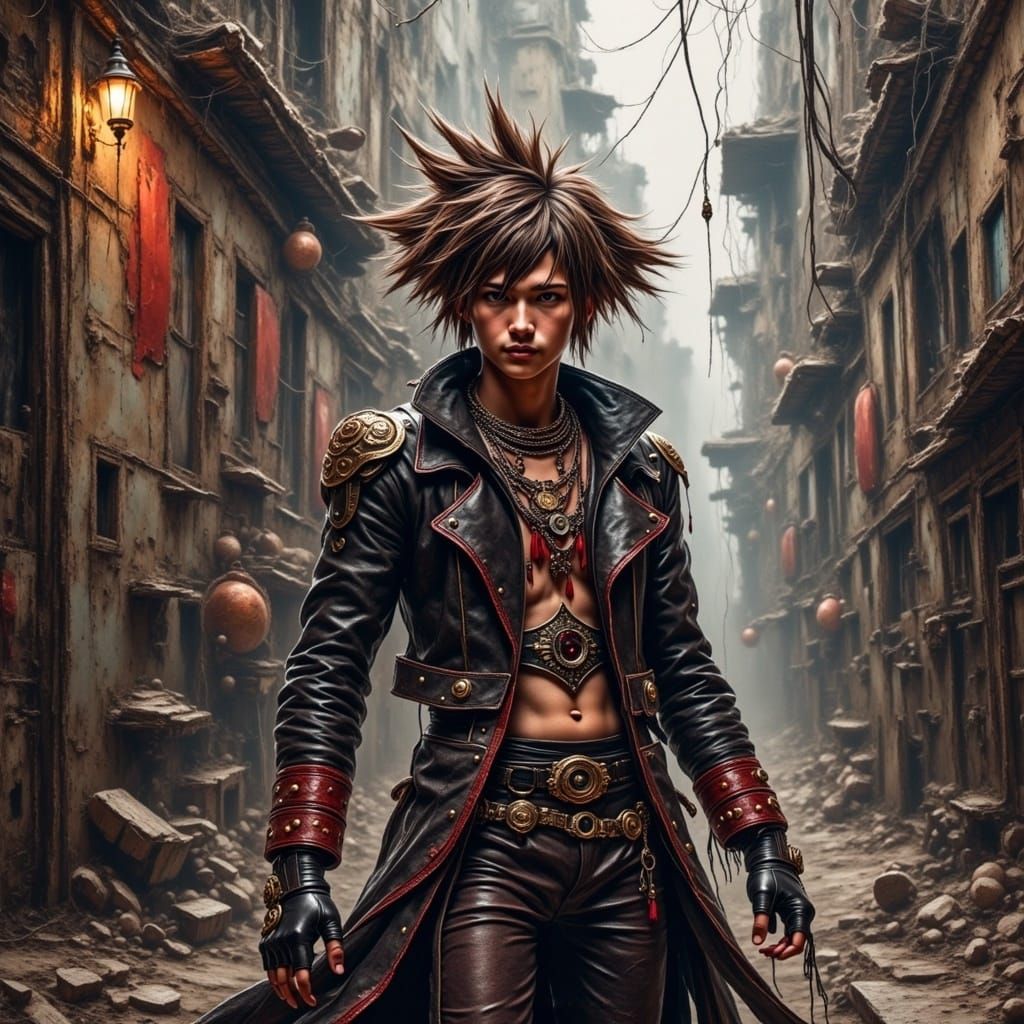 Gritty Oil Painting of Sora in Dystopian Urban Landscape