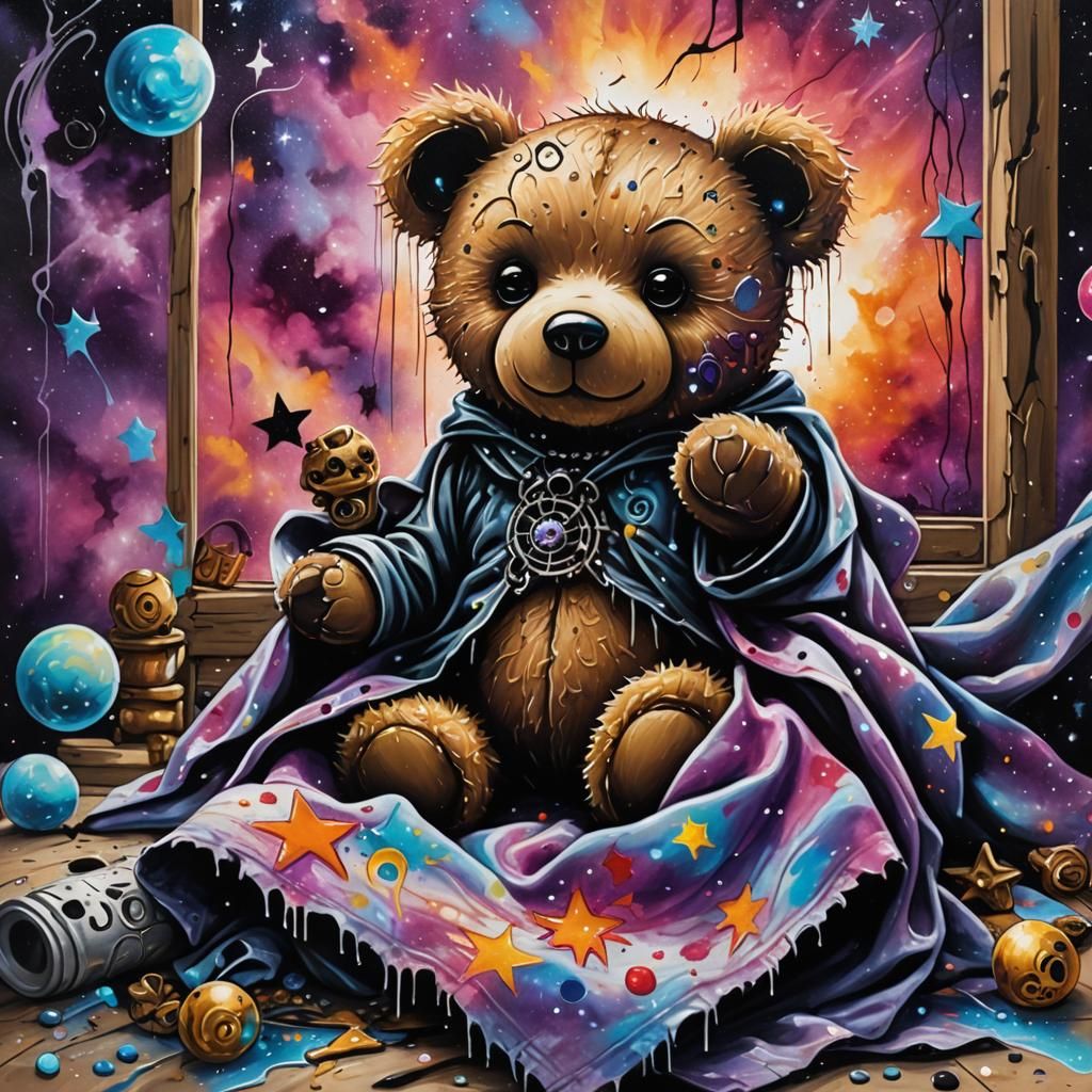 Gothic Teddy Bear in Surrealist Graffiti Landscape