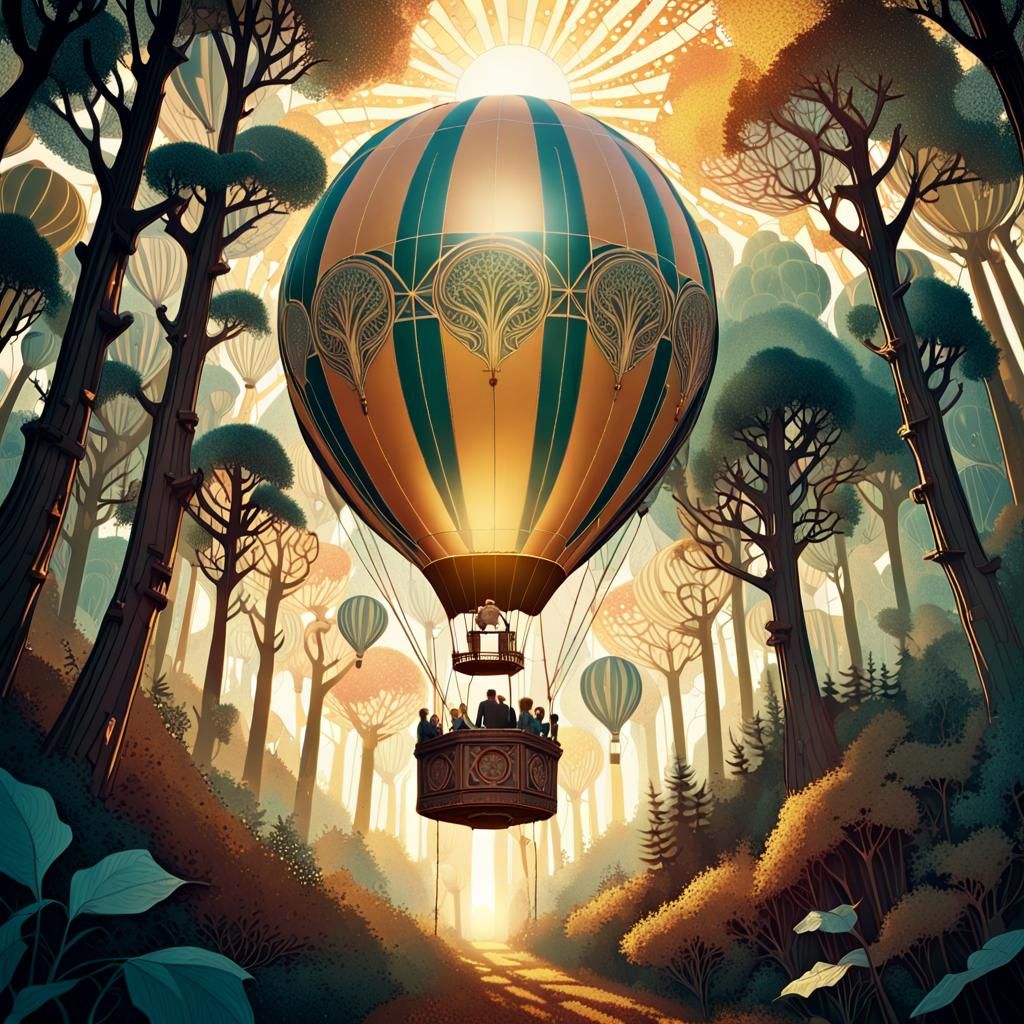Gorgeous epic forest scene hot air balloon  bokeh subtractiv...