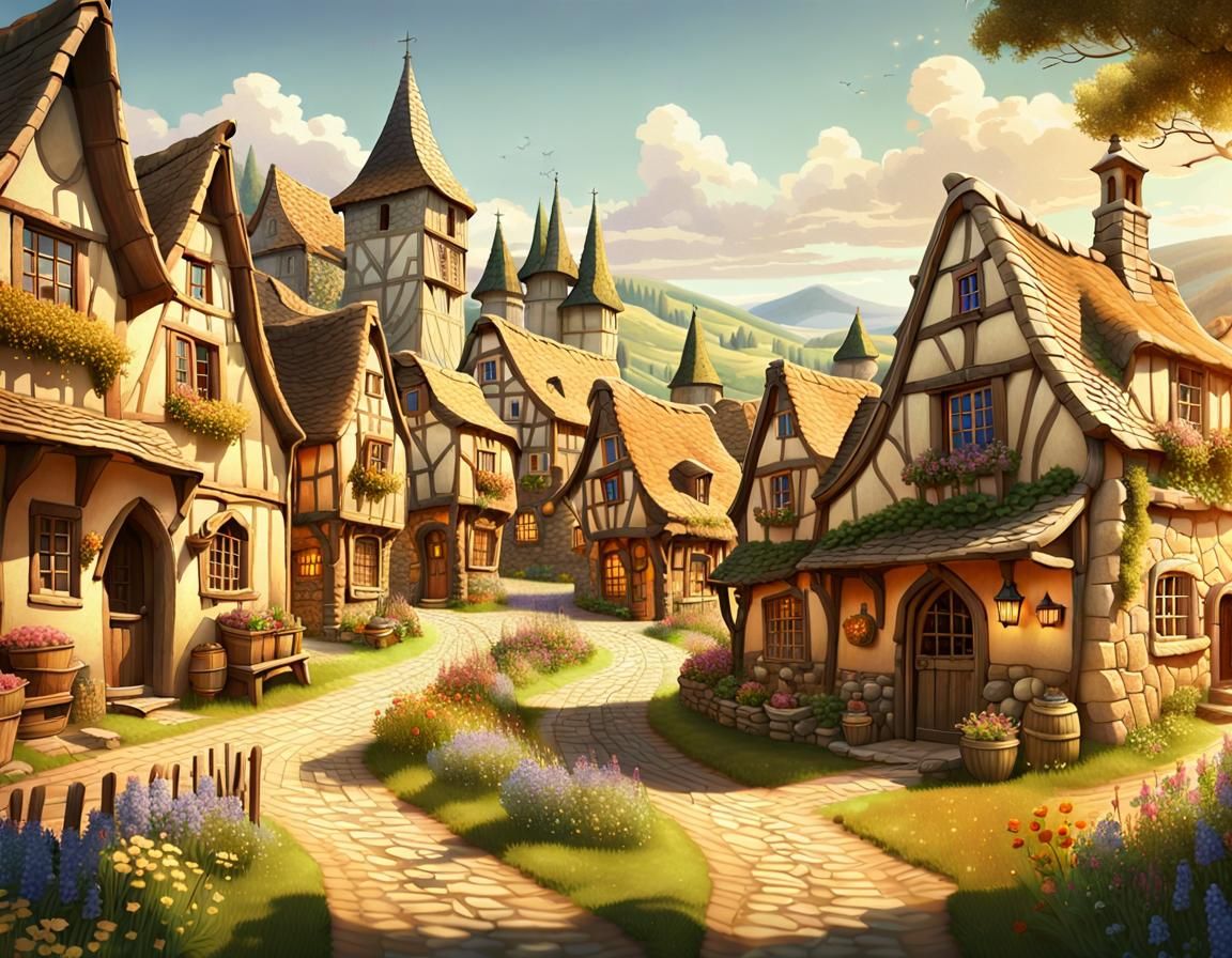 Whimsical Medieval Village in Golden Light
