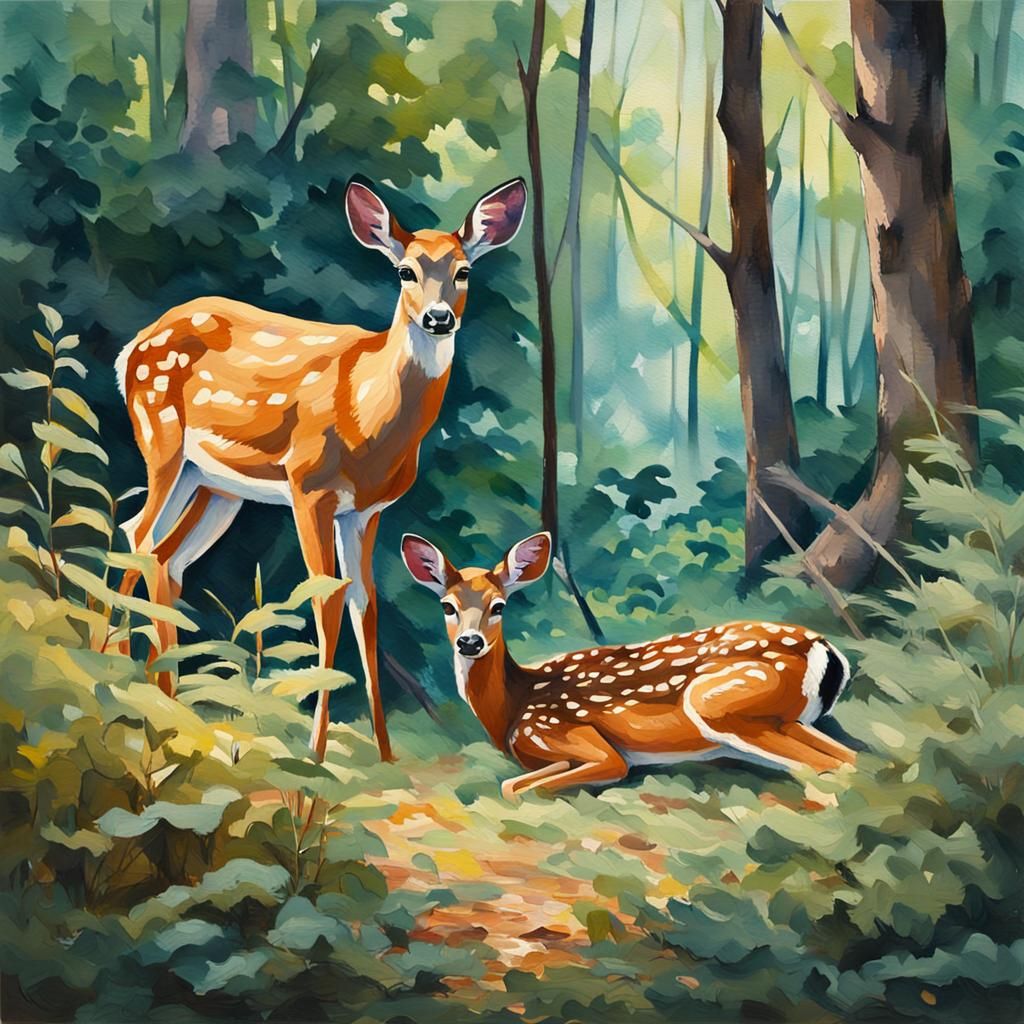 Doe and Fawn in Forest Thicket: Gouache Watercolor Painting