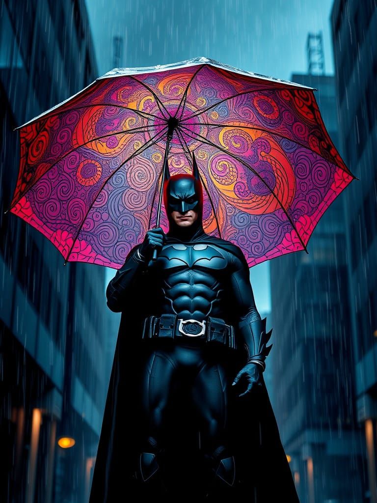 Heroic Batman Defies Rain with Psychedelic Umbrella in Gritt...