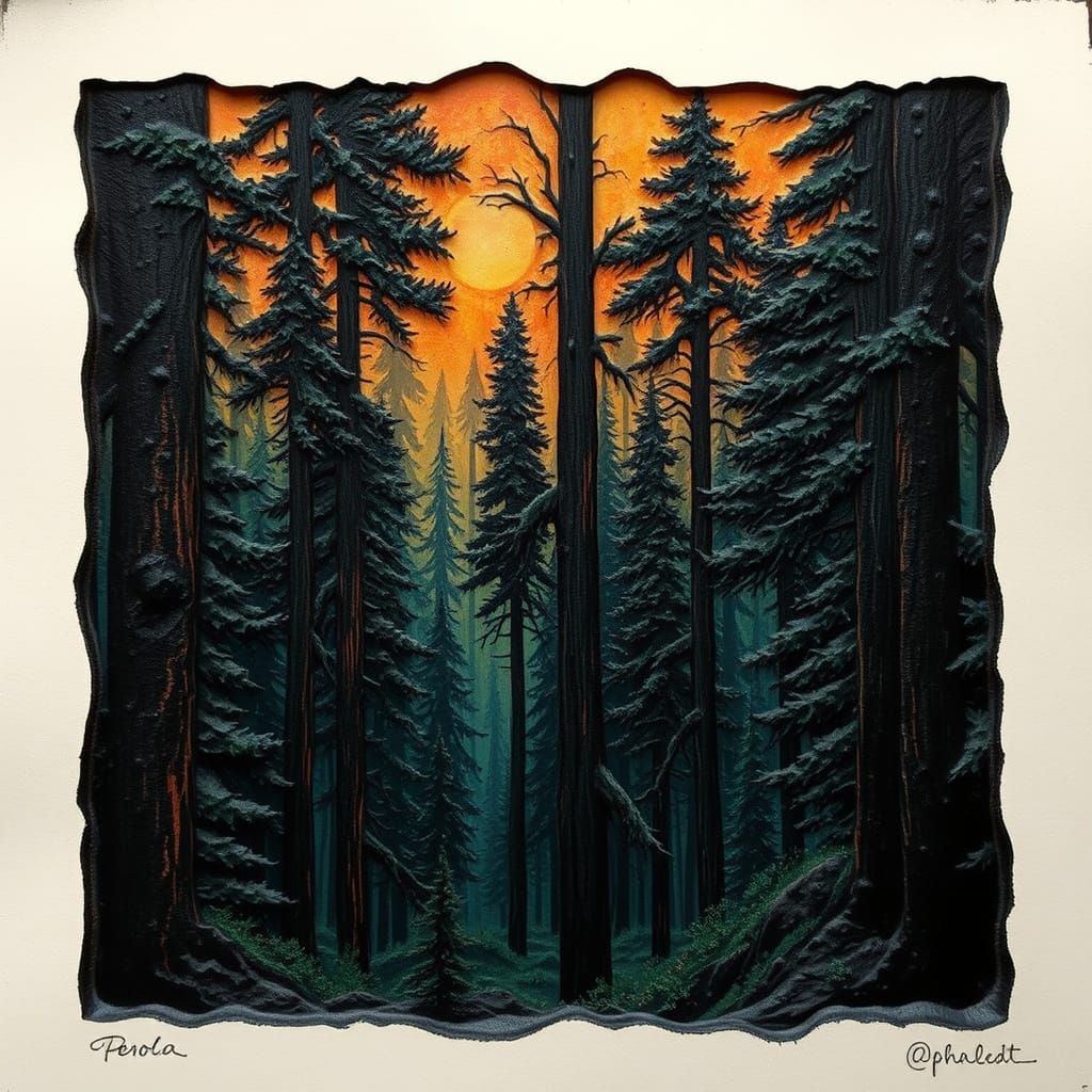 Bioluminescent Cryptid Forest Bas-Relief Sculpture