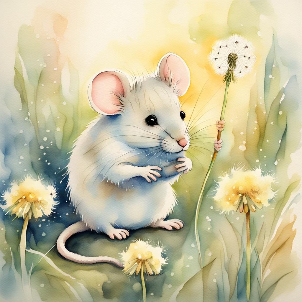 Fluffy Mouse Holding Dandelion in Watercolor Style