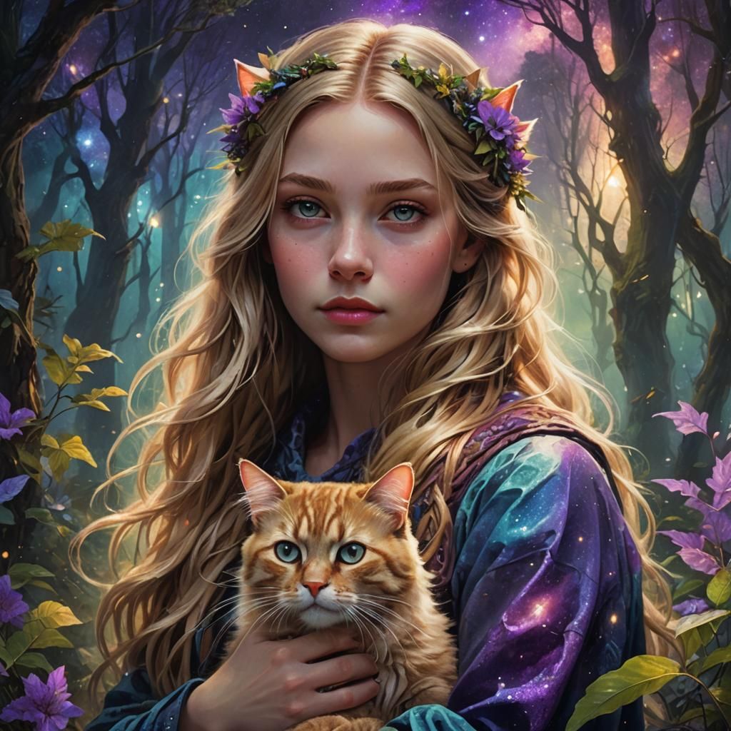 Girl with Cat in Galaxy Forest Concept Art