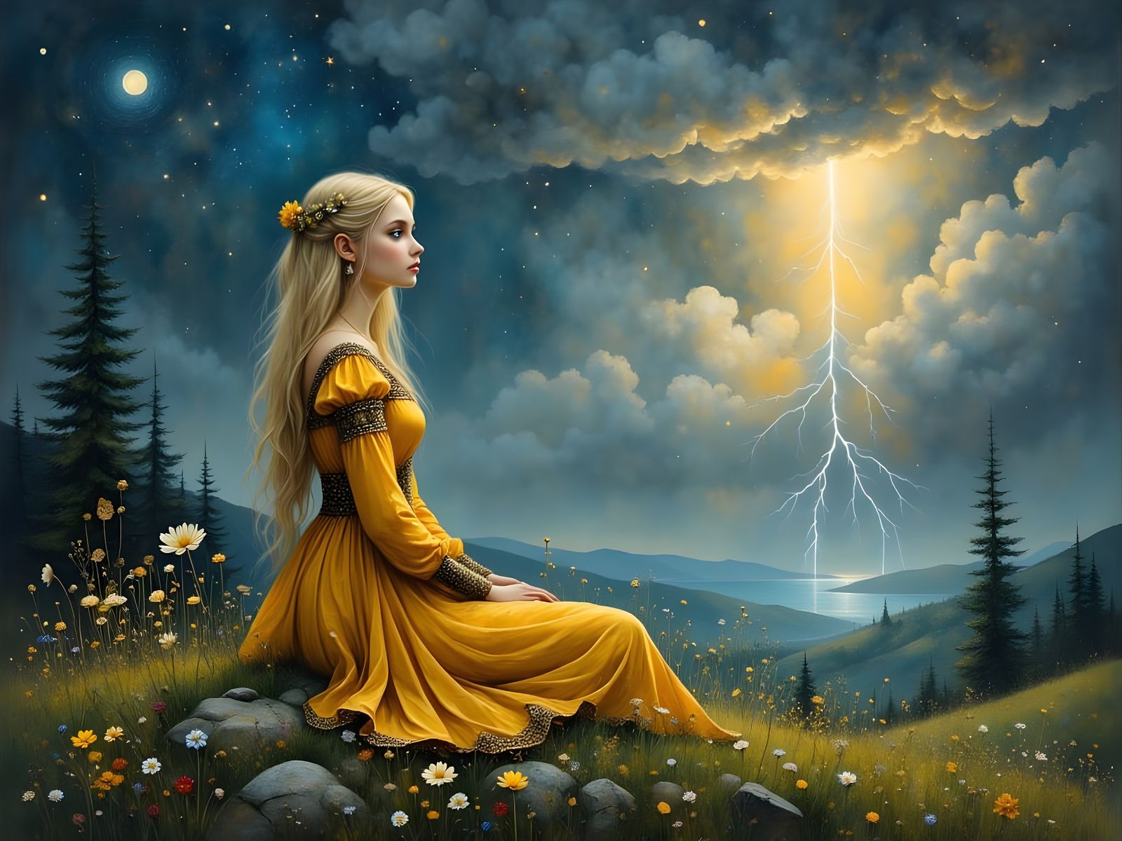 Norse Goddess in Stormy Landscape Painting