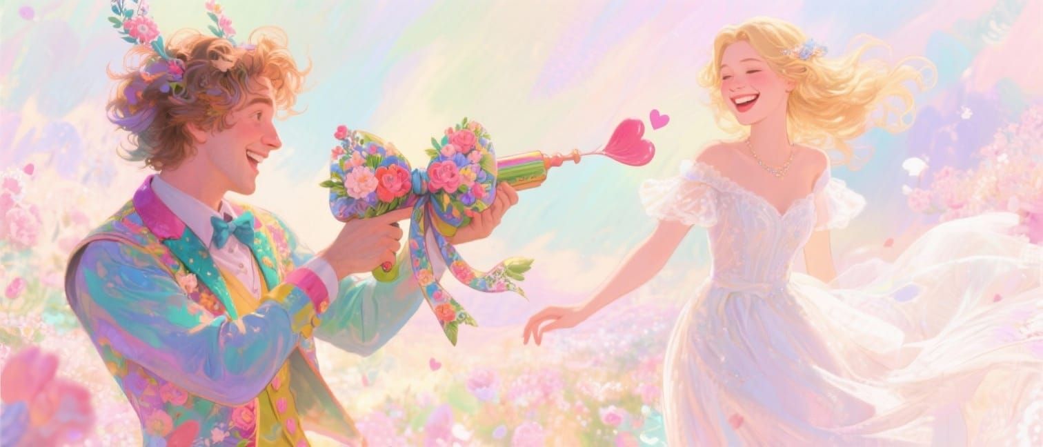 Man Shoots Hearts with Floral Bow in Dreamy Style