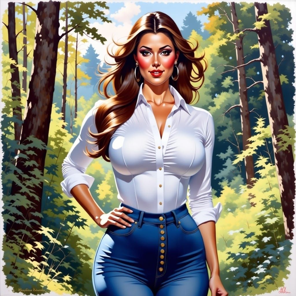 Watercolor Portrait of Brunette in Garden