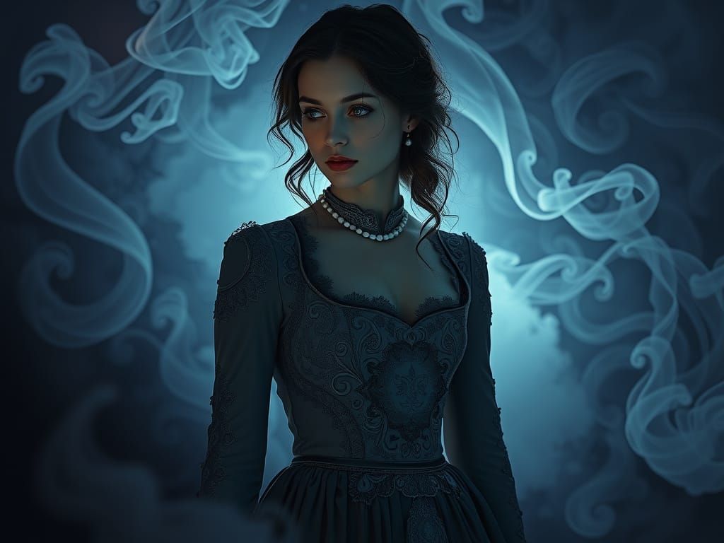 Victorian Woman in Dark, Dreamlike Illustration