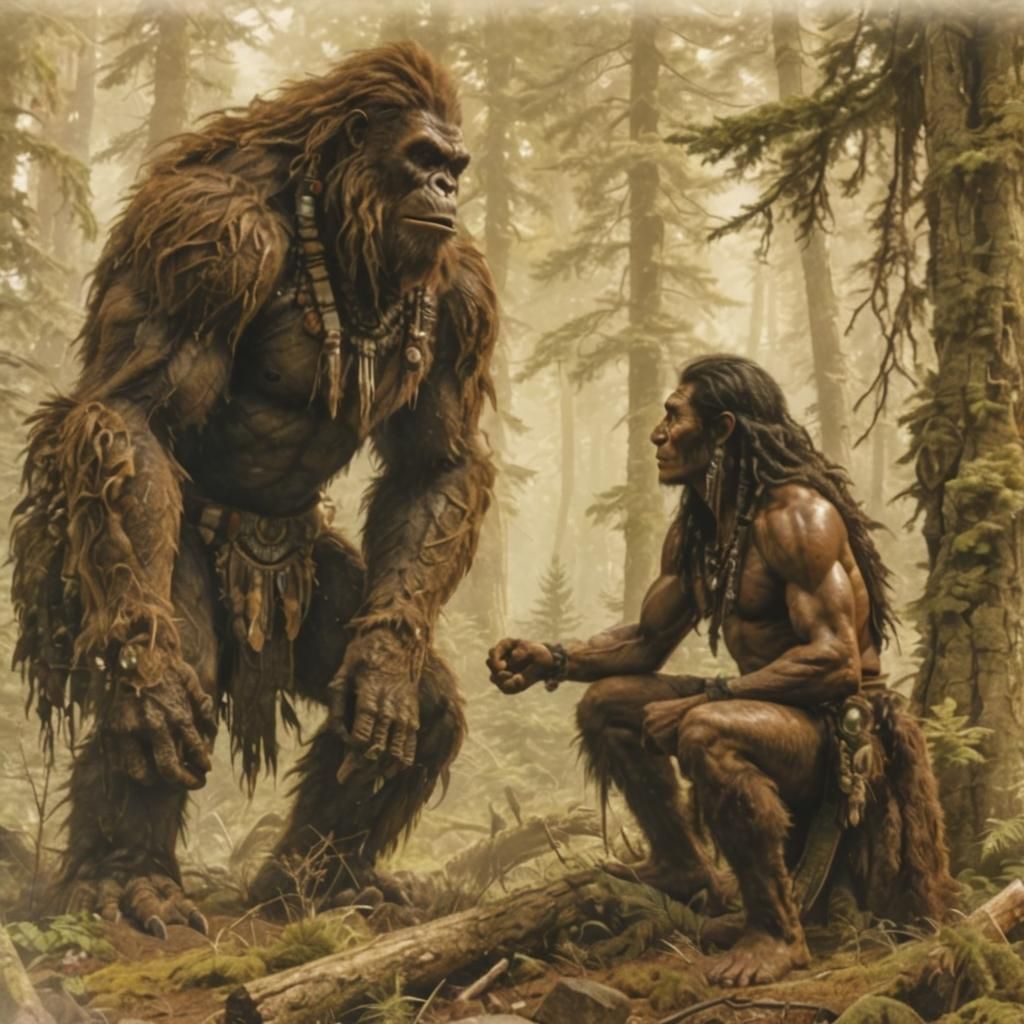 Sasquatch and Cherokee Friend: Hyperrealistic Digital Illust...