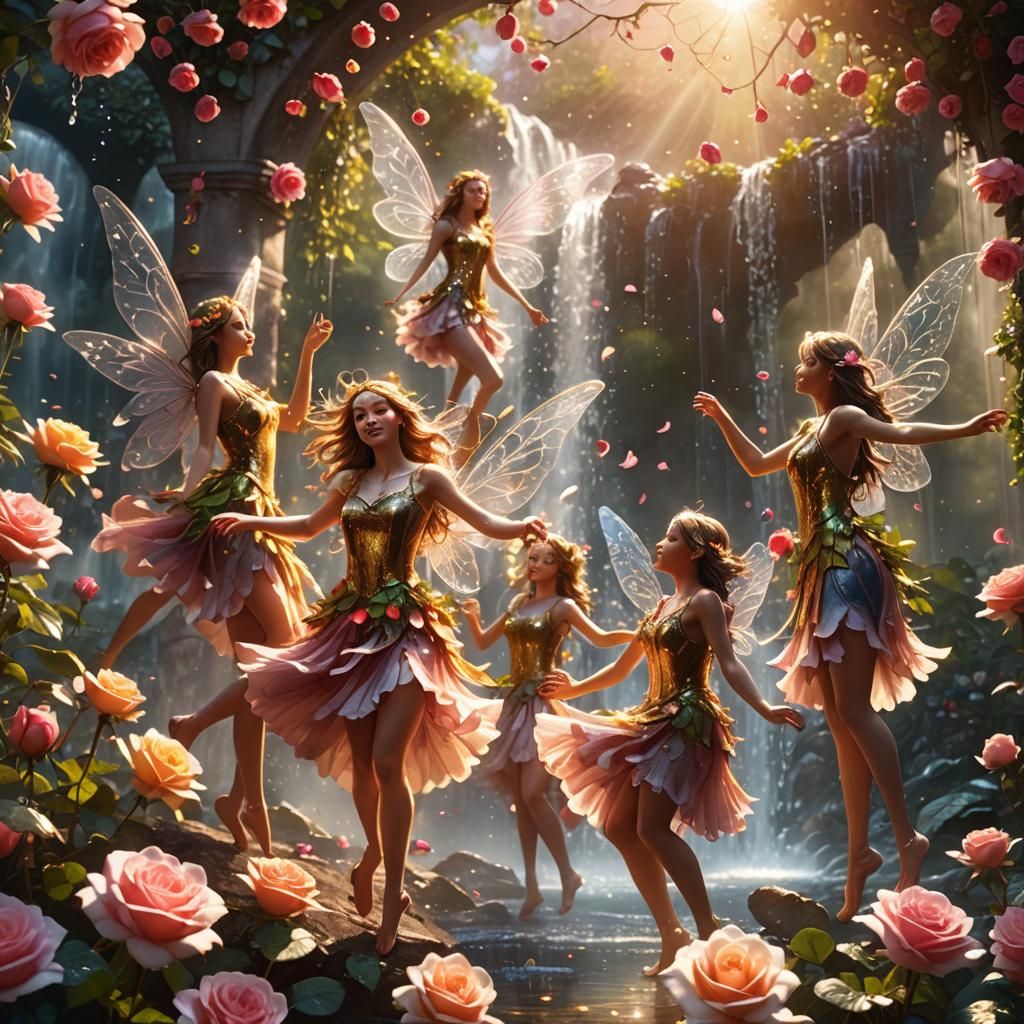Fairies Dancing in Rose Garden, Hyper-Realistic Digital Art